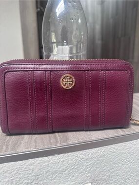 Tory Burch Leather Zip Wallet in Deep Berry with Gold Logo